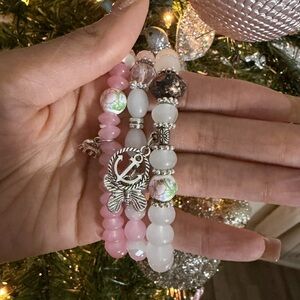 Elegant Pink and White Beaded Stretch Bracelet Set